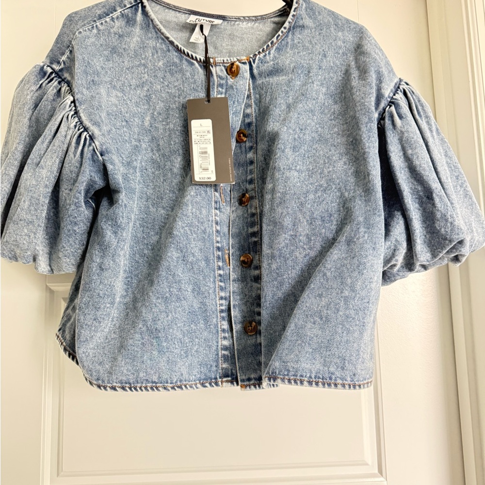 A.L.C. Light Blue Denim Puff-Sleeve Button Front Top